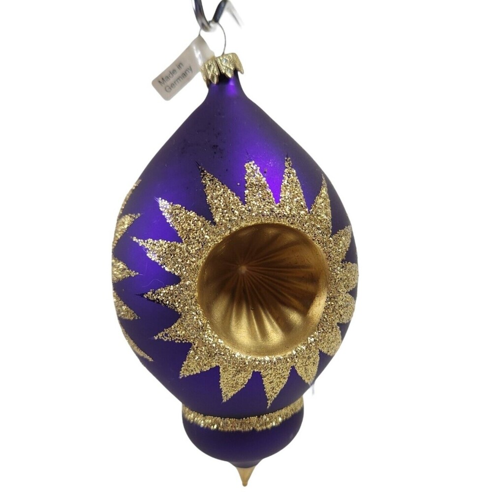 Glass Teardrop Triple Indent Purple Gold Glitter Starburst Ornament Germany